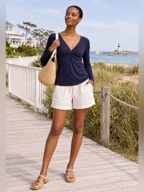 BODEN Ribbed Sweetheart Jersey Top Deep Navy Blue  Twist Front Stretch Sz 16/18